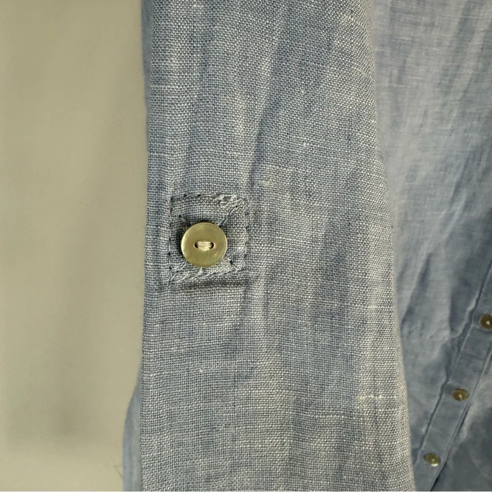 Tahari French blue 100% linen tunic shirt top split hem S Button -Up Top - Picture 7 of 14